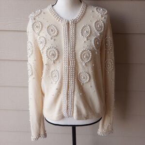 Outlander Vintage Cream & Faux Pearl Lambswool Angora Cardigan Sweater Size S